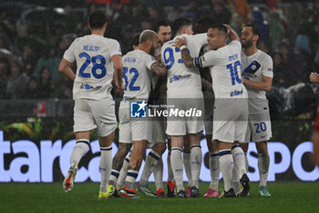 2024-02-10 - Francesco Acerbi of F.C. Inter celebrates after scoring 0-1 during the 24th day of the Serie A Championship between A.S. Roma vs F.C. Inter, 10 February, 2024 at the Olympic Stadium in Rome, Italy. - AS ROMA VS INTER - FC INTERNAZIONALE - ITALIAN SERIE A - SOCCER