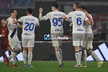 2024-02-10 - Alessandro Bastoni of F.C. Inter celebrates after scoring 2-4 during the 24th day of the Serie A Championship between A.S. Roma vs F.C. Inter, 10 February, 2024 at the Olympic Stadium in Rome, Italy. - AS ROMA VS INTER - FC INTERNAZIONALE - ITALIAN SERIE A - SOCCER