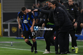 2024-03-04 - Kristjan Asllani of Fc Inter celebrating after a goal during the Italian Serie A football match between Inter FC Internazionale and Genoa CFC on 4 of March 2024 at Giuseppe Meazza San Siro Siro stadium in Milan, Italy. Photo Tiziano Ballabio - INTER - FC INTERNAZIONALE VS GENOA CFC - ITALIAN SERIE A - SOCCER