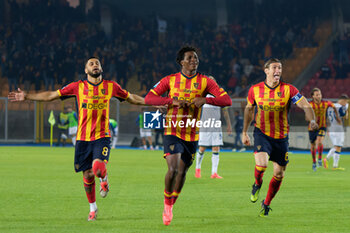 2024-10-29 - Patrick Dorgu of US Lecce celebrates after scoring a goal with Hamza Rafia of US Lecce and Federico Baschirotto of US Lecce - US LECCE VS HELLAS VERONA FC - ITALIAN SERIE A - SOCCER