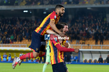 2024-10-29 - Patrick Dorgu of US Lecce celebrates after scoring a goal with Hamza Rafia of US Lecce and Federico Baschirotto of US Lecce - US LECCE VS HELLAS VERONA FC - ITALIAN SERIE A - SOCCER