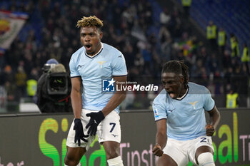 2024-11-24 - Lazio's Fisayo Dele-Bashiru and Lazio’s Loum Tchaouna celebrates after scoring the goal 3-0 during the Italian Football Championship League A 2024/2025 match between SS Lazio vs Bologna FC at the Olimpic Stadium in Rome on 24 November 2024. - SS LAZIO VS BOLOGNA FC - ITALIAN SERIE A - SOCCER