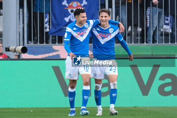 2024-03-02 - Alexander Jallow of Brescia Calcio FC and Nicolas Galazzi of Brescia Calcio FC celebrates after scoring a goal during the Italian Serie B soccer championship match between Brescia Calcio and Palermo FC at Mario Rigamonti Stadium on March 02, 2024, Brixia, Italy. - BRESCIA CALCIO VS PALERMO FC - ITALIAN SERIE B - SOCCER