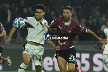 2024-10-29 - Elayis Tavsan of Cesena FC competes for the ball with Paolo Ghiglione of US Salernitana 1938 during the Soccer BKT between US Salernitana 1919 vs Cesena FC at Arechi Stadium - US SALERNITANA VS CESENA FC - ITALIAN SERIE B - SOCCER