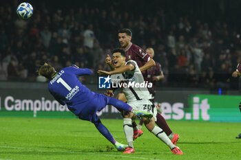 2024-10-29 - Vincenzo Fiorillo of US Salernitana 1919 competes for the ball with Elayis Tavsan of Cesena FC during the Soccer BKT between US Salernitana 1919 vs Cesena FC at Arechi Stadium - US SALERNITANA VS CESENA FC - ITALIAN SERIE B - SOCCER