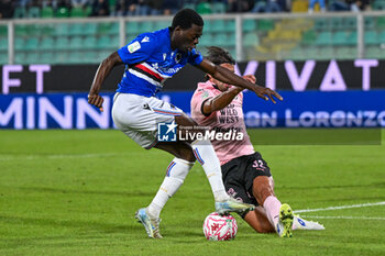 2024-11-24 - Clash between Pietro Ceccaroni (Palermo F.C.) and Ebenezer Akinsanmiro (U.C. Sampdoria) during the Italian Serie BKT match between Palermo F.C. vs U.C. Sampdoria on 24th November 2024 at the Renzo Barbera stadium in Palermo, Italy - PALERMO FC VS UC SAMPDORIA - ITALIAN SERIE B - SOCCER