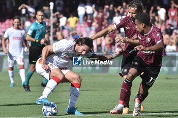 2024-09-29 - Filippo Pittarello of US Catanzaro competes for the ball with Gian Marco Ferrari of US Salernitana 1919 during the Serie b bkt betwee US Salernitana 1919 vs US Catanzaro at Arechi Stadium - US SALERNITANA VS US CATANZARO - ITALIAN SERIE B - SOCCER