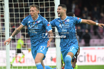 2024-10-19 - Nicolo Bertola of Spezia Calcio celebrates after scoring goal during the Soccer BKT between US Salernitana 1919 vs Spezia Calcio at Arechi Stadium - US SALERNITANA VS SPEZIA CALCIO - ITALIAN SERIE B - SOCCER