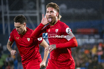 2024-01-16 - Sergio Ramos of Sevilla seen celebrating his goal during the football match valid for the round of 16 of the Copa del Rey tournament between Getafe and Sevilla played at Estadio Coliseum in Getafe, Spain. - GETAFE VS SEVILLA - SPANISH CUP - SOCCER