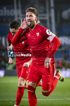 2024-01-16 - Sergio Ramos of Sevilla seen celebrating his goal during the football match valid for the round of 16 of the Copa del Rey tournament between Getafe and Sevilla played at Estadio Coliseum in Getafe, Spain. - GETAFE VS SEVILLA - SPANISH CUP - SOCCER