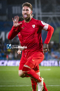 2024-01-16 - Sergio Ramos of Sevilla seen celebrating his goal during the football match valid for the round of 16 of the Copa del Rey tournament between Getafe and Sevilla played at Estadio Coliseum in Getafe, Spain. - GETAFE VS SEVILLA - SPANISH CUP - SOCCER