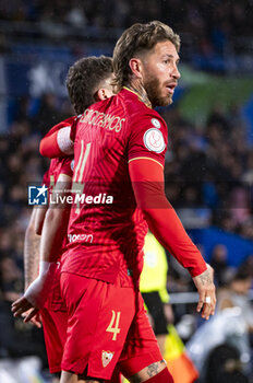 2024-01-16 - Sergio Ramos of Sevilla seen celebrating his goal with his teammates during the football match valid for the round of 16 of the Copa del Rey tournament between Getafe and Sevilla played at Estadio Coliseum in Getafe, Spain. - GETAFE VS SEVILLA - SPANISH CUP - SOCCER