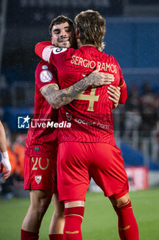 2024-01-16 - Sergio Ramos of Sevilla seen celebrating his goal with his teammates during the football match valid for the round of 16 of the Copa del Rey tournament between Getafe and Sevilla played at Estadio Coliseum in Getafe, Spain. - GETAFE VS SEVILLA - SPANISH CUP - SOCCER