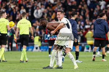 2024-01-03 - Antonio Rudiger and Lucas Vazquez of Real Madrid celebrate at full time during the Spanish championship La Liga football match between Real Madrid and RCD Mallorca on January 3, 2024 at Santiago Bernabeu stadium in Madrid, Spain - FOOTBALL - SPANISH CHAMP - REAL MADRID V MALLORCA - SPANISH LA LIGA - SOCCER