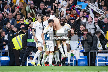 2024-01-21 - Daniel Carvajal of Real Madrid seen celebrating with Antonio Rudiger and his teammates the victory goal in the final minutes of the La Liga EA Sports 23/24 football match between Real Madrid vs Almeria at Bernabeu stadium in Madrid, Spain. - REAL MADRID VS ALMERIA - SPANISH LA LIGA - SOCCER