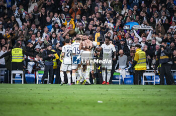 2024-01-21 - Daniel Carvajal of Real Madrid seen celebrating with Antonio Rudiger and his teammates the victory goal in the final minutes of the La Liga EA Sports 23/24 football match between Real Madrid vs Almeria at Bernabeu stadium in Madrid, Spain. - REAL MADRID VS ALMERIA - SPANISH LA LIGA - SOCCER