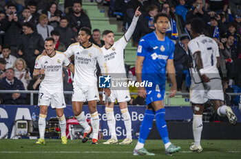 2024-02-01 - Lucas Vazquez, Jude Bellingham and Federico Valverde of Real Madrid seen celebrating a goal during the La Liga EA Sports 2023/24 football match between Getafe vs Real Madrid at Coliseum stadium in Getafe, Spain. - GETAFE VS REAL MADRID - SPANISH LA LIGA - SOCCER