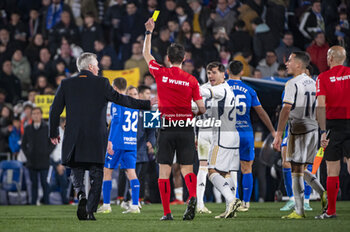 2024-02-01 - Carlo Ancelotti, coach of Real Madrid, seen warned by the referee with a yellow card at the end of the La Liga EA Sports 2023/24 football match between Getafe vs Real Madrid at Coliseum stadium in Getafe, Spain. - GETAFE VS REAL MADRID - SPANISH LA LIGA - SOCCER