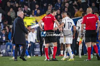 2024-02-01 - Carlo Ancelotti, coach of Real Madrid, seen arguing and protesting with the referee at the end of the La Liga EA Sports 2023/24 football match between Getafe vs Real Madrid at Coliseum stadium in Getafe, Spain. - GETAFE VS REAL MADRID - SPANISH LA LIGA - SOCCER