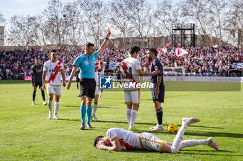 2024-02-18 - Daniel Carvajal of Real Madrid seen being expelled by the referee for making a foul on Kike Perez of Rayo Vallecano during the La Liga EA Sports 2023/24 football match between Rayo Vallecano vs Real Madrid at Estadio Vallecas in Madrid, Spain. - RAYO VALLECANO VS REAL MADRID - SPANISH LA LIGA - SOCCER