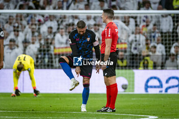 2024-02-25 - Sergio Ramos of Sevilla seen arguing with the referee Isidro Diaz de Mera Escuderos about a goal to be disallowed during the La Liga EA Sports 2023/24 football match between Real Madrid vs Sevilla at Santiago Bernabeu stadium in Madrid, Spain. - REAL MADRID VS SEVILLA - SPANISH LA LIGA - SOCCER