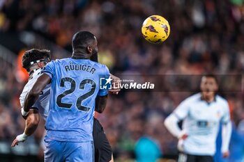 2024-03-03 - Antonio Rüdiger of Real Madrid and Diego López of Valencia during the Spanish championship Liga football match between Valencia CF and Real Madrid CF on March 2, 2024 at Mestalla stadium in Valencia, Spain - FOOTBALL - SPANISH CHAMP - VALENCIA V REAL MADRID - SPANISH LA LIGA - SOCCER