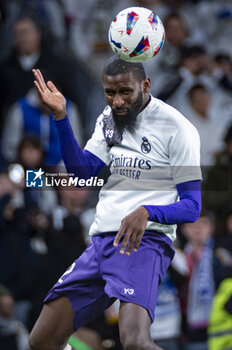 2024-03-31 - Antonio Rudiger of Real Madrid seen taking the ball with his head during the warming up before the La Liga EA Sports 2023/24 football match between Real Madrid vs Athletic Club Bilbao at Santiago Bernabeu stadium in Madrid, Spain. - REAL MADRID VS ATHLETIC CLUB BILBAO - SPANISH LA LIGA - SOCCER