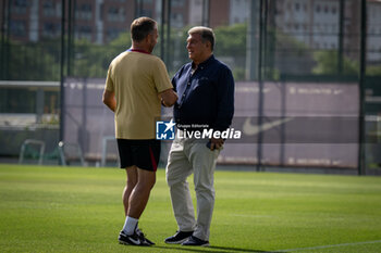 2024-07-19 - Head Coach Hans Flick (FC Barcelona) and FC Barcelona president Joan Laporta during a FC Barcelona training session at Ciutat Esportiva Joan Gamper in Barcelona, Spain, on July 19 2024. Photo by Felipe Mondino - FC BARCLEONA TRAINING SESSION - SPANISH LA LIGA - SOCCER