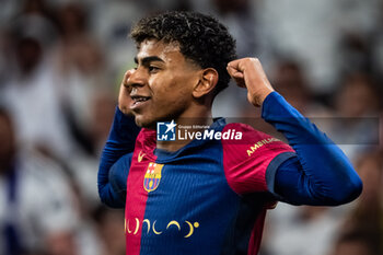 2024-10-26 - Lamine YAMAL of Barcelona celebrates his goal during the Spanish championship La Liga football match between Real Madrid CF and FC Barcelona on October 26, 2024 at Santiago Bernabeu stadium in Madrid, Spain - FOOTBALL - SPANISH CHAMP - REAL MADRID V FC BARCELONA - SPANISH LA LIGA - SOCCER