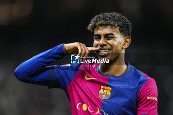 2024-10-26 - Lamine Yamal of FC Barcelona celebrates a goal 0-3 during the Spanish championship La Liga football match between Real Madrid CF and FC Barcelona on 26 October 2024 at Santiago Bernabeu stadium in Madrid, Spain - FOOTBALL - SPANISH CHAMP - REAL MADRID V FC BARCELONA - SPANISH LA LIGA - SOCCER