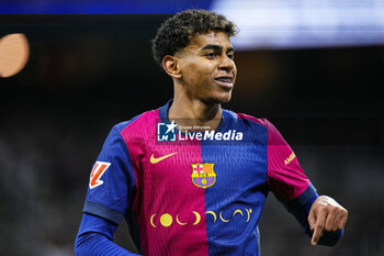 2024-10-26 - Lamine Yamal of FC Barcelona celebrates a goal 0-3 during the Spanish championship La Liga football match between Real Madrid CF and FC Barcelona on 26 October 2024 at Santiago Bernabeu stadium in Madrid, Spain - FOOTBALL - SPANISH CHAMP - REAL MADRID V FC BARCELONA - SPANISH LA LIGA - SOCCER