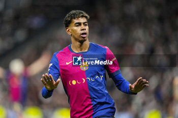 2024-10-26 - Lamine Yamal of FC Barcelona celebrates a goal 0-3 during the Spanish championship La Liga football match between Real Madrid CF and FC Barcelona on 26 October 2024 at Santiago Bernabeu stadium in Madrid, Spain - FOOTBALL - SPANISH CHAMP - REAL MADRID V FC BARCELONA - SPANISH LA LIGA - SOCCER