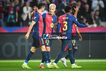 2024-11-03 - Dani OLMO of Barcelona celebrate his goal with Robert LEWANDOWSKI of Barcelona, Alejandro BALDE of Barcelona and Lamine YAMAL of Barcelona during the Spanish championship La Liga football match between FC Barcelona and RCD Espanyol de Barcelona on 3 November 2024 at Estadi Olimpic Lluis Companys in Barcelona, Spain - FOOTBALL - SPANISH CHAMP - BARCELONA V ESPANYOL - SPANISH LA LIGA - SOCCER