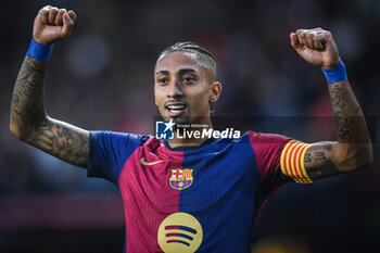 2024-11-03 - Raphael DIAS BELLOLI (Raphinha) of Barcelona celebrates his goal during the Spanish championship La Liga football match between FC Barcelona and RCD Espanyol de Barcelona on 3 November 2024 at Estadi Olimpic Lluis Companys in Barcelona, Spain - FOOTBALL - SPANISH CHAMP - BARCELONA V ESPANYOL - SPANISH LA LIGA - SOCCER