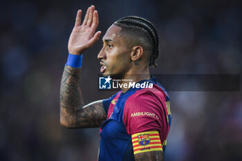 2024-11-03 - Raphael DIAS BELLOLI (Raphinha) of Barcelona celebrates his goal during the Spanish championship La Liga football match between FC Barcelona and RCD Espanyol de Barcelona on 3 November 2024 at Estadi Olimpic Lluis Companys in Barcelona, Spain - FOOTBALL - SPANISH CHAMP - BARCELONA V ESPANYOL - SPANISH LA LIGA - SOCCER