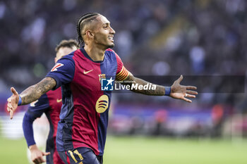 2024-11-03 - Raphinha Dias Belloli of FC Barcelona celebrates a goal during the Spanish championship La Liga football match between FC Barcelona and RCD Espanyol on 3 November 2024 at Estadi Olímpic Lluís Companys in Barcelona, Spain - FOOTBALL - SPANISH CHAMP - BARCELONA V ESPANYOL - SPANISH LA LIGA - SOCCER