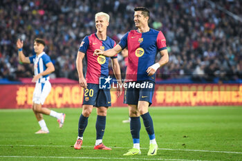 2024-11-03 - Dani OLMO of Barcelona and Robert LEWANDOWSKI of Barcelona during the Spanish championship La Liga football match between FC Barcelona and RCD Espanyol de Barcelona on 3 November 2024 at Estadi Olimpic Lluis Companys in Barcelona, Spain - FOOTBALL - SPANISH CHAMP - BARCELONA V ESPANYOL - SPANISH LA LIGA - SOCCER