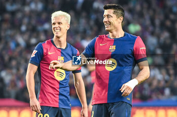 2024-11-03 - Dani OLMO of Barcelona and Robert LEWANDOWSKI of Barcelona during the Spanish championship La Liga football match between FC Barcelona and RCD Espanyol de Barcelona on 3 November 2024 at Estadi Olimpic Lluis Companys in Barcelona, Spain - FOOTBALL - SPANISH CHAMP - BARCELONA V ESPANYOL - SPANISH LA LIGA - SOCCER