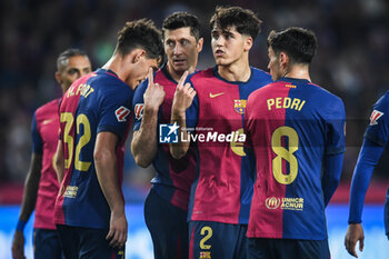 2024-11-03 - Hector FORT of Barcelona, Robert LEWANDOWSKI of Barcelona, Pau CUBARSI of Barcelona and Pedro GONZALEZ LOPEZ (Pedri) of Barcelona during the Spanish championship La Liga football match between FC Barcelona and RCD Espanyol de Barcelona on 3 November 2024 at Estadi Olimpic Lluis Companys in Barcelona, Spain - FOOTBALL - SPANISH CHAMP - BARCELONA V ESPANYOL - SPANISH LA LIGA - SOCCER