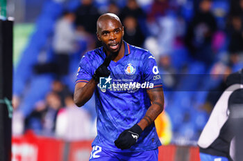 2024-11-22 - Allan Nyom of Getafe CF celebrates a goal during the Spanish championship La Liga football match between Getafe CF and Real Valladolid on November 22, 2024 at Coliseum de Getafe stadium in Getafe, Spain - FOOTBALL - SPANISH CHAMP - GETAFE V VALLADOLID - SPANISH LA LIGA - SOCCER