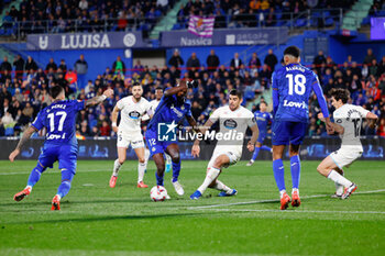 2024-11-22 - Allan Nyom of Getafe CF scores a goal during the Spanish championship La Liga football match between Getafe CF and Real Valladolid on November 22, 2024 at Coliseum de Getafe stadium in Getafe, Spain - FOOTBALL - SPANISH CHAMP - GETAFE V VALLADOLID - SPANISH LA LIGA - SOCCER