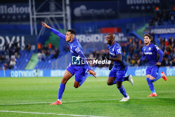 2024-11-22 - Alvaro Rodriguez of Getafe CF celebrates a goal during the Spanish championship La Liga football match between Getafe CF and Real Valladolid on November 22, 2024 at Coliseum de Getafe stadium in Getafe, Spain - FOOTBALL - SPANISH CHAMP - GETAFE V VALLADOLID - SPANISH LA LIGA - SOCCER