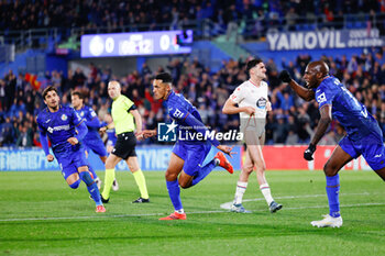 2024-11-22 - Alvaro Rodriguez of Getafe CF celebrates a goal during the Spanish championship La Liga football match between Getafe CF and Real Valladolid on November 22, 2024 at Coliseum de Getafe stadium in Getafe, Spain - FOOTBALL - SPANISH CHAMP - GETAFE V VALLADOLID - SPANISH LA LIGA - SOCCER