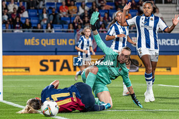 2024-09-13 - Elene Lete the goalkeeper of Real Sociedad commits penalty to Alexia Putellas of FC Barcelona during the Spanish championship La ligaF football match between FC Barcelona and Real Sociedad on September 13 at Johan Cruyff stadium in Barcelona, Spain - BARCELONA VS REAL SOCIEDAD - SPANISH PRIMERA DIVISION WOMEN - SOCCER