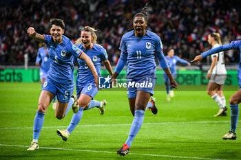 2024-02-23 - Kadidiatou DIANI of France celebrate his goal with Amandine HENRY of France and Elisa DE ALMEIDA of France during the UEFA Women's Nations League, Semi-final football match between France and Germany on February 23, 2024 at Groupama Stadium in Decines-Charpieu near Lyon, France - FOOTBALL - WOMEN'S NATIONS LEAGUE - FRANCE V GERMANY - UEFA NATIONS LEAGUE - SOCCER