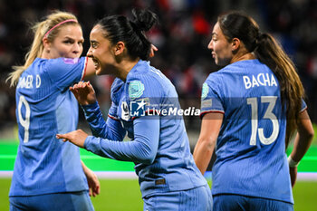 2024-02-23 - Sakina KARCHAOUI of France celebrate his goal with Eugenie LE SOMMER of France and Selma BACHA of France during the UEFA Women's Nations League, Semi-final football match between France and Germany on February 23, 2024 at Groupama Stadium in Decines-Charpieu near Lyon, France - FOOTBALL - WOMEN'S NATIONS LEAGUE - FRANCE V GERMANY - UEFA NATIONS LEAGUE - SOCCER