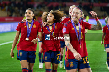 2024-02-12 - Salma Paralluelo and Vicky Lopez of Spain celebrate after winning the UEFA Women's Nations League, Final football match between Spain and France on February 28, 2024 at La Cartuja stadium in Sevilla, Spain - FOOTBALL - WOMEN'S NATIONS LEAGUE - FINAL - SPAIN V FRANCE - UEFA NATIONS LEAGUE - SOCCER
