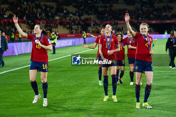 2024-02-12 - Laia Codina, Jenni Hermoso and Irene Hernandez of Spain celebrate after winning the UEFA Women's Nations League, Final football match between Spain and France on February 28, 2024 at La Cartuja stadium in Sevilla, Spain - FOOTBALL - WOMEN'S NATIONS LEAGUE - FINAL - SPAIN V FRANCE - UEFA NATIONS LEAGUE - SOCCER
