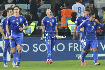 2024-10-14 - Matteo Retegui of Italy celebrates after scoring goal on penalty during Italy vs Israel, matchday 4 of League A of Uefa Nations League 2025, game at Bluenergy stadium - stadio Friuli in Udine (UD), Italy, on October 14, 2024. - ITALY VS ISRAEL - UEFA NATIONS LEAGUE - SOCCER