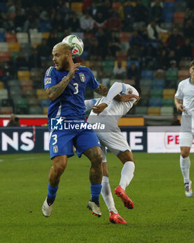 2024-10-14 - Federico Dimarco of Italy competes for the ball during Italy vs Israel, matchday 4 of League A of Uefa Nations League 2025, game at Bluenergy stadium - stadio Friuli in Udine (UD), Italy, on October 14, 2024. - ITALY VS ISRAEL - UEFA NATIONS LEAGUE - SOCCER